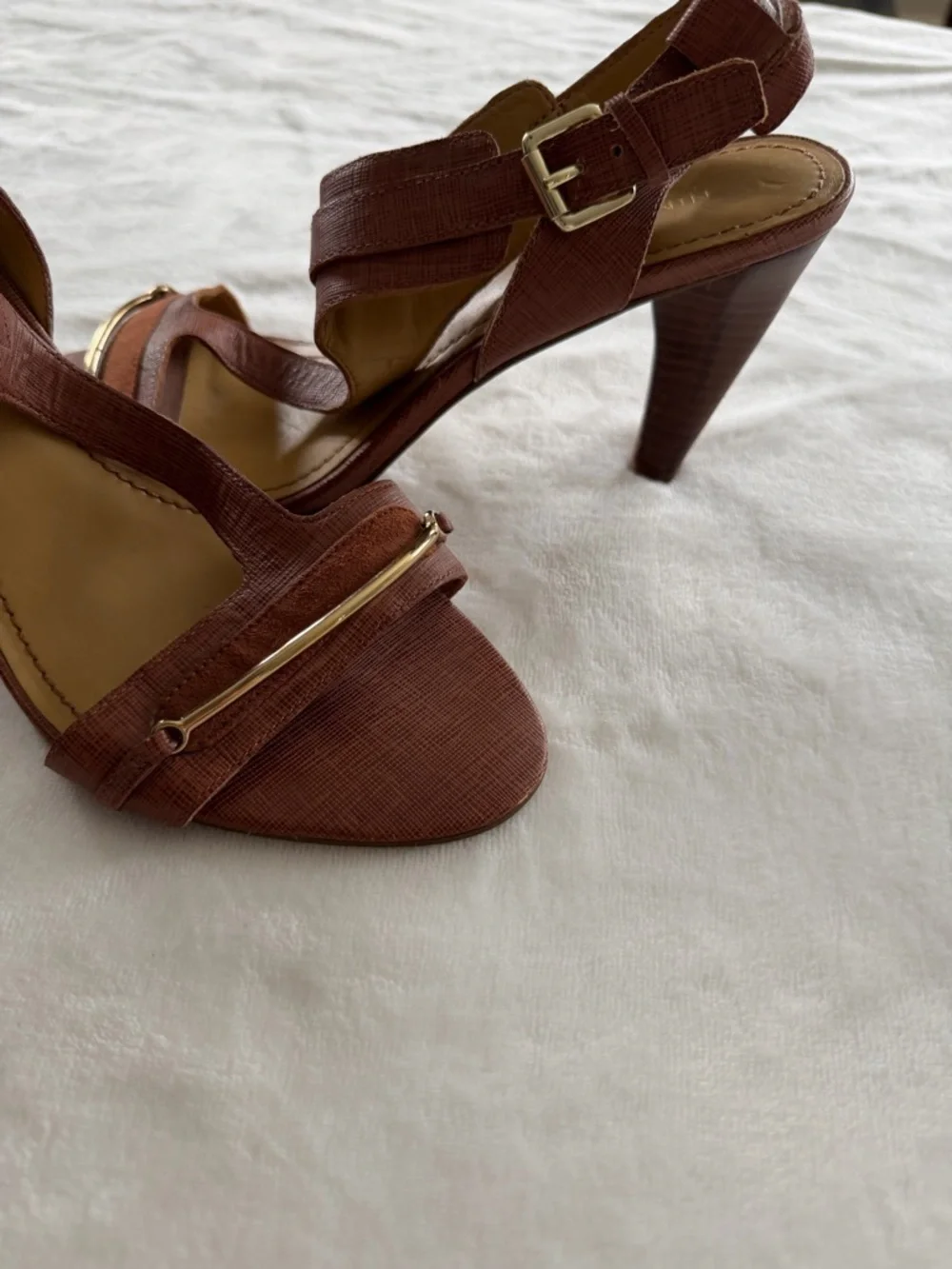 Nine West Brown T-Strap Heeled Sandals with Gold Accent - Picture 3 of 5